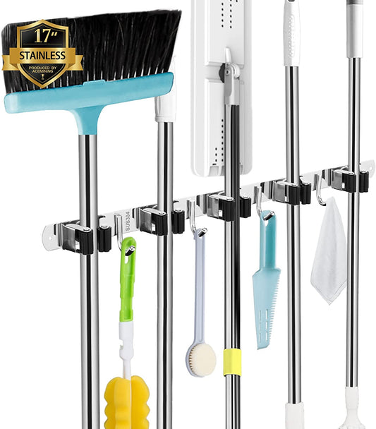Setara Nav™ Stainless Steel Wall-Mounted Mop & Broom Holder Organizer