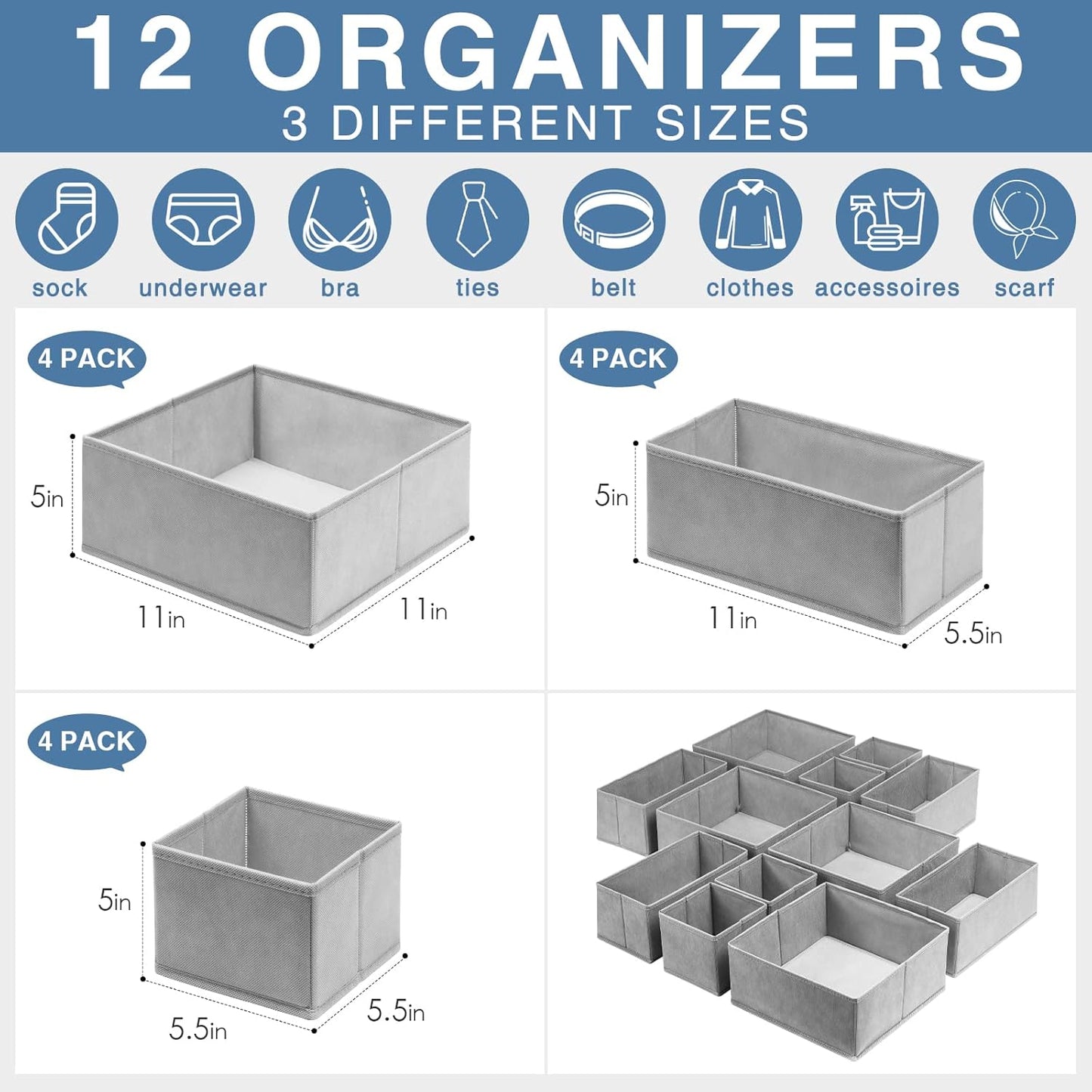 Setara Nav™ 12-Pack Foldable Fabric Drawer Organizer Bins