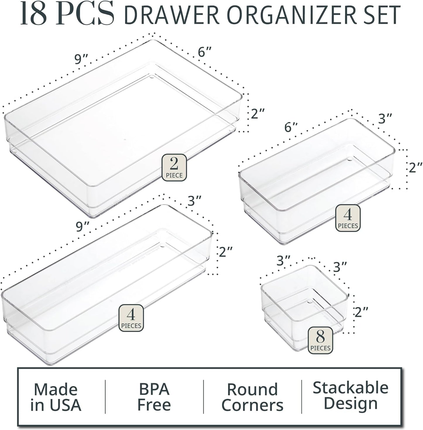 Setara Nav™ 18-Piece Premium Stackable Drawer Organizer Set