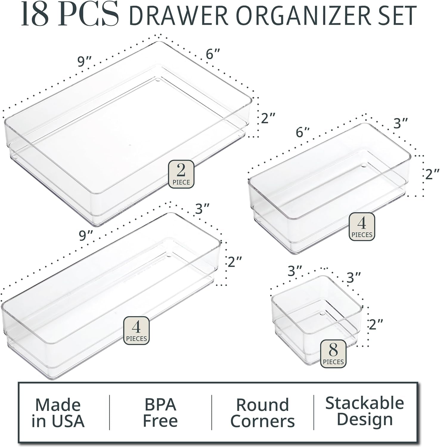 Setara Nav™ 18-Piece Premium Stackable Drawer Organizer Set